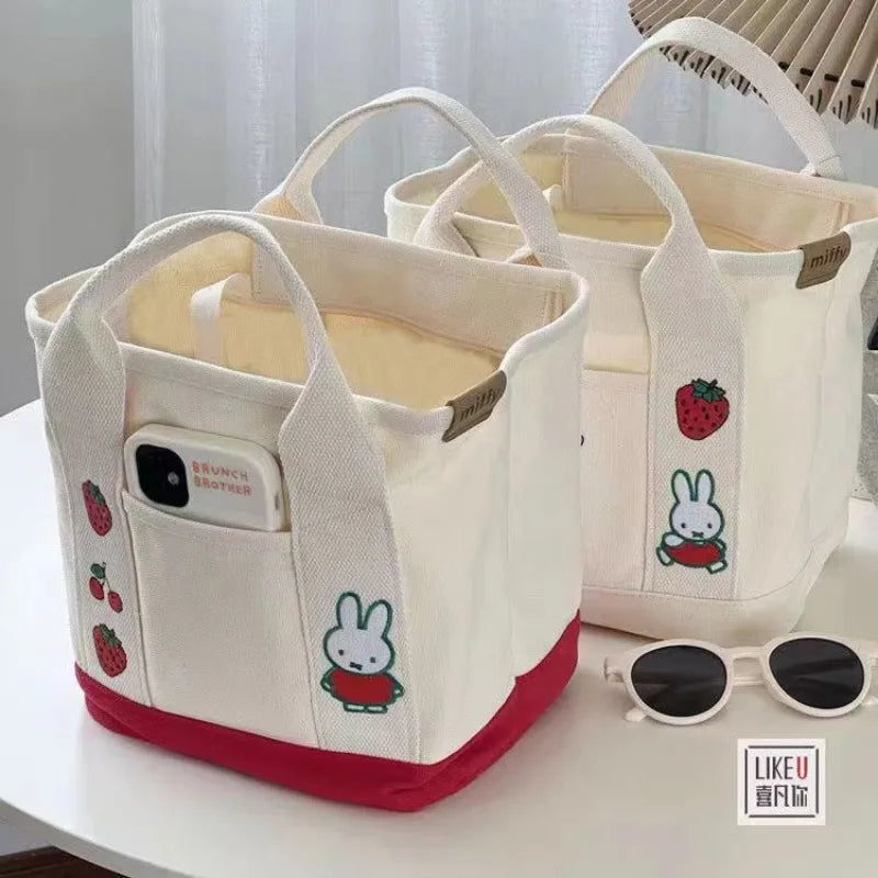 New Anime Kawaii Miffy Embroidery Cute Zipper Bag with Canvas Tote Bag Bento Lunch Box Bag for Friends Christmas Gift