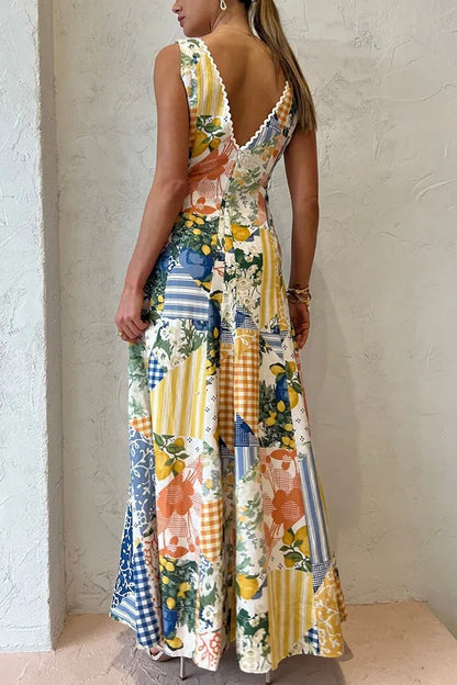 Printed Sexy Deep V-neck Dresses Women Sleeveless Fashion Chic Lady A-line Dress Beach Vacation Style Vestidos Spring Summer New