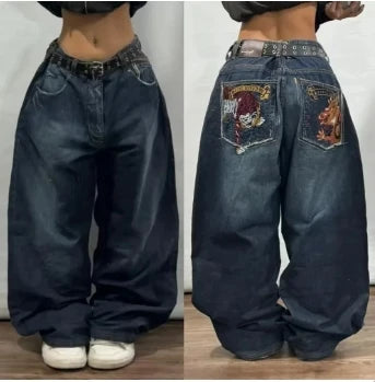 Europe and The United States Diablo Cropped Jeans Women New High Street in Summer To Do Old Creases Patch Wide Leg Pants Unisex