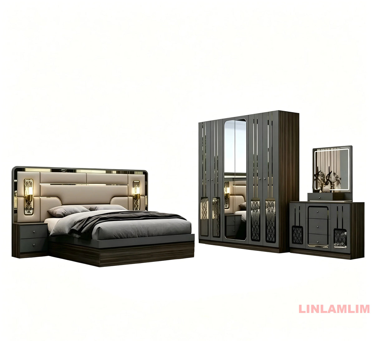 Modern Luxury Turkish style Bedroom Set – King Bed with Upholstered Headboard, Nightstands, Wardrobe with Mirrored Door, Dresser