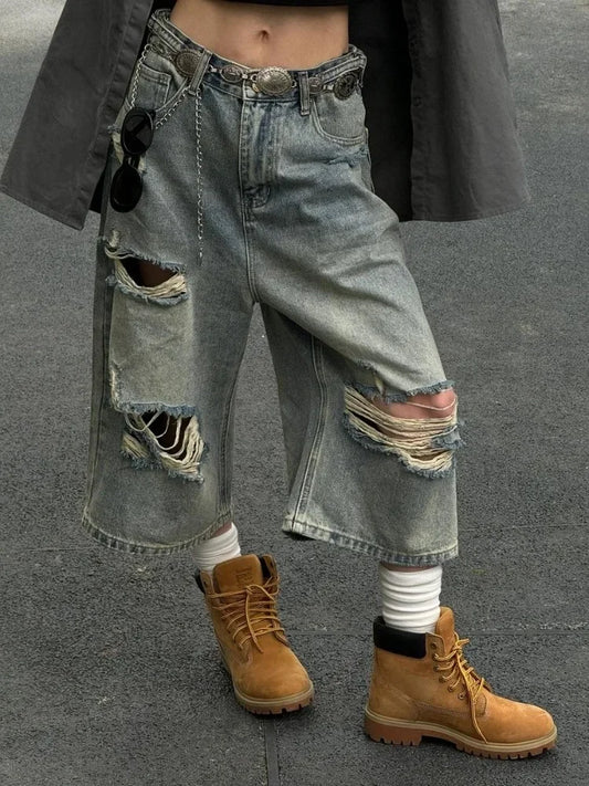 HOUZHOU Vintage Blue Ripped Short Jeans Women Oversized Distressed Jorts Y2k Grunge Baggy Boyfriend Denim Shorts Wide Streetwear