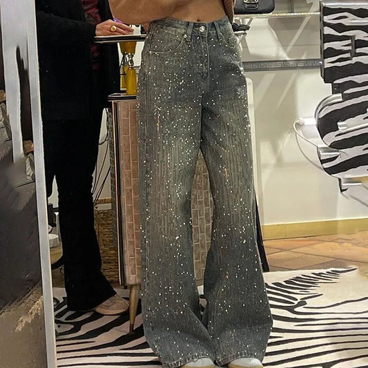 New Women's Perrusted Jeans, Starry Sky Patchwork Denim Trousers Spring Autumn Female Design With A Shiny Floor-length Pants