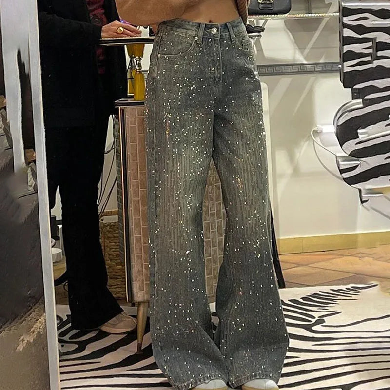 New Women's Perrusted Jeans, Starry Sky Patchwork Denim Trousers Spring Autumn Female Design With A Shiny Floor-length Pants