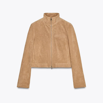 Street Women's Short Suede Jackets Stand Collar Zipper Full Sleeve Female Coats 2025 Autumn Lady Fashion Y2k Outwear New