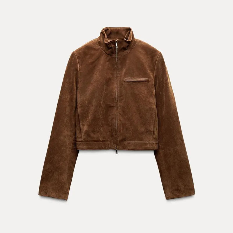 Street Women's Short Suede Jackets Stand Collar Zipper Full Sleeve Female Coats 2025 Autumn Lady Fashion Y2k Outwear New