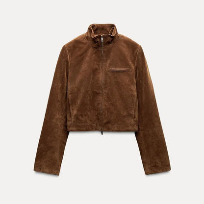 Street Women's Short Suede Jackets Stand Collar Zipper Full Sleeve Female Coats 2025 Autumn Lady Fashion Y2k Outwear New