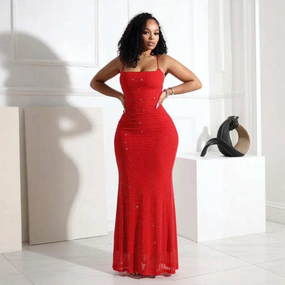 Women Camisole Dress Sheath Party Dresses Ankle Length Vestidos Sleeveless Slim 2025 Diamonds Slight Strech Summer Spliced