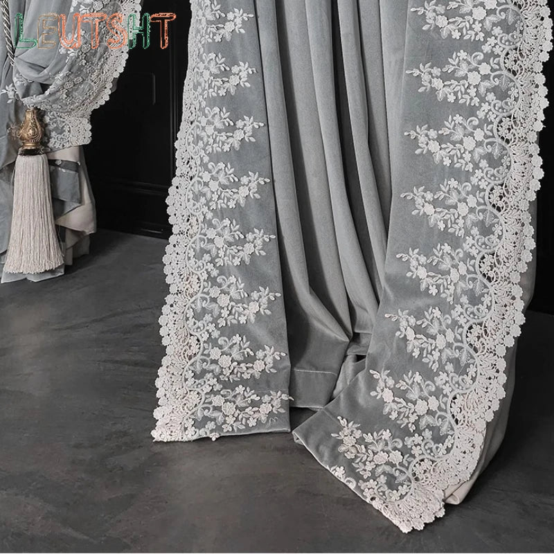 Luxury European Curtains for Living Room Light Luxury Black-shading Velvet Cloth Retro Window Bedroom Door Screen Shutter
