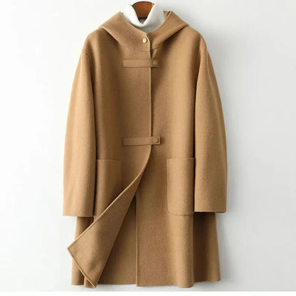 New Fashion Hooded Double-sided POLYESTER Coat Women Autumn Winter Double-sided Woolen Windbreakers Temperament Slim Wool Coats