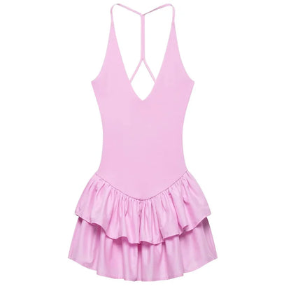 HXAO Off Shoulder Women's Dress Halter Solid Short Dresses 2025 Woman V Neck Layered Mini Dress Backless Party Dress For Women