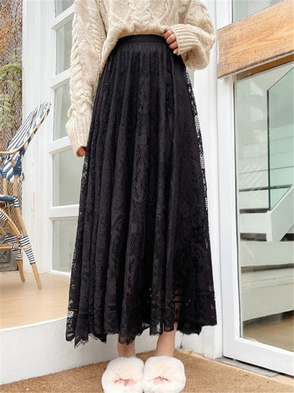 REALEFT Vintage Women's Lace Crochet Umbrella Long Skirts Bohemian High Waist Hollow Out Female Maxi Skirts Spring Summer