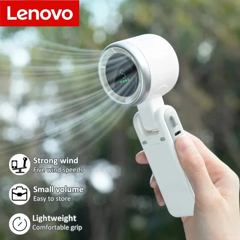Lenovo Handheld Folding Fan Type-C Charge Ports Portable Desktop 5 level Adjustment Digital Display Electric Fan With Lanyard