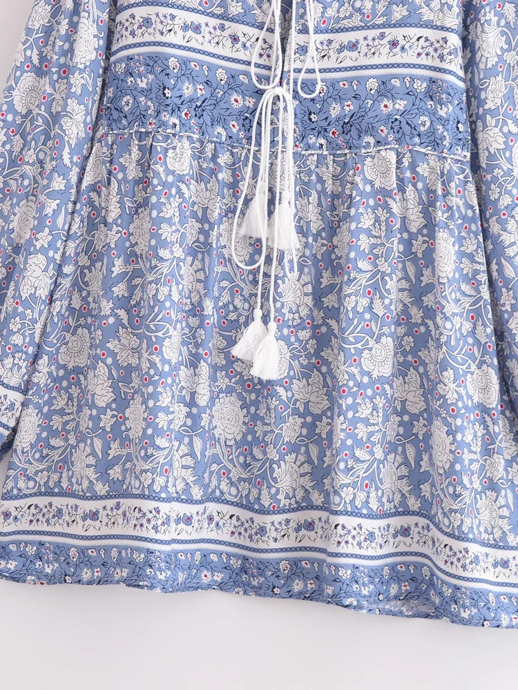 Vintage Chic Women Floral Porcelain Print Long Sleeve Beach Bohemian Mini Dresses Ladies Rayon Cotton Tie Neck Boho Dress