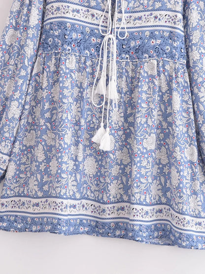 Vintage Chic Women Floral Porcelain Print Long Sleeve Beach Bohemian Mini Dresses Ladies Rayon Cotton Tie Neck Boho Dress