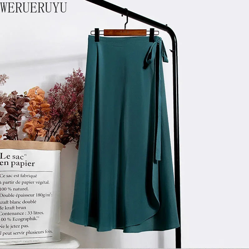 WERUERUYU Wrap Skirts Women Casual Chiffon Tie-Waist Ruffle Wide Leg Loose