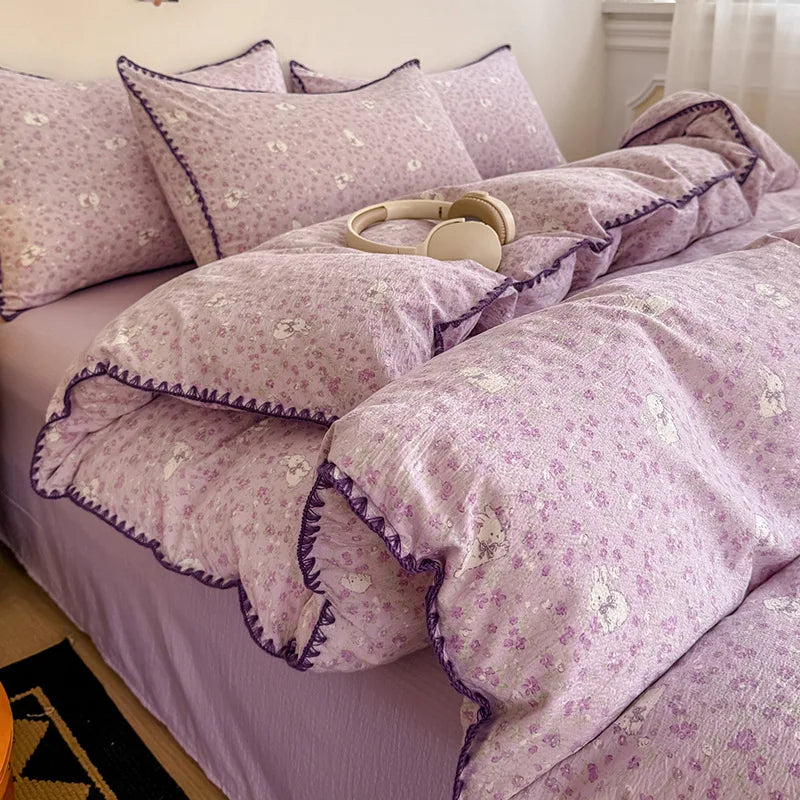 Skin-Friendly Double-Layer Yarn Bedding Set New Country Floral Soft Comforter Sets 100% Cotton Fitted Sheet Kit with Quilt Cover
