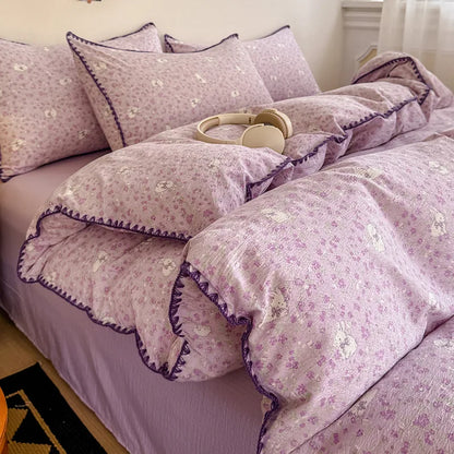 Skin-Friendly Double-Layer Yarn Bedding Set New Country Floral Soft Comforter Sets 100% Cotton Fitted Sheet Kit with Quilt Cover