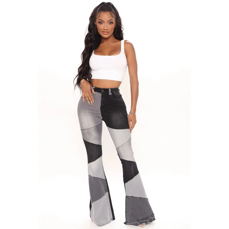 Women Flare Jeans Casual Pants Pannelled Collision Fashional High Waist Fit Female High Quality 91Y35