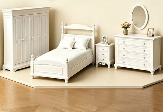 All White Bedroom Furniture Set, Dollhouse Mini Bed Wardrobe Dresser Nightstand Kit, Classic Bedroom Prop for OB11DioramaLayout