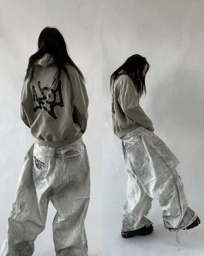 European American Retro Street Rock Destruction Heavy Industry Washing Brushed Jeans Men's High Street Niche Art Wide-leg Pants