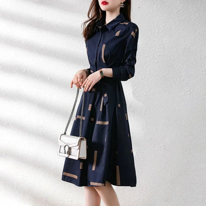 Simplicity Fashion Spring Shirt Dresses Women Lapel Geometric Print Button Belt Korean Office Lady Long Sleeve Slim Midi Dress