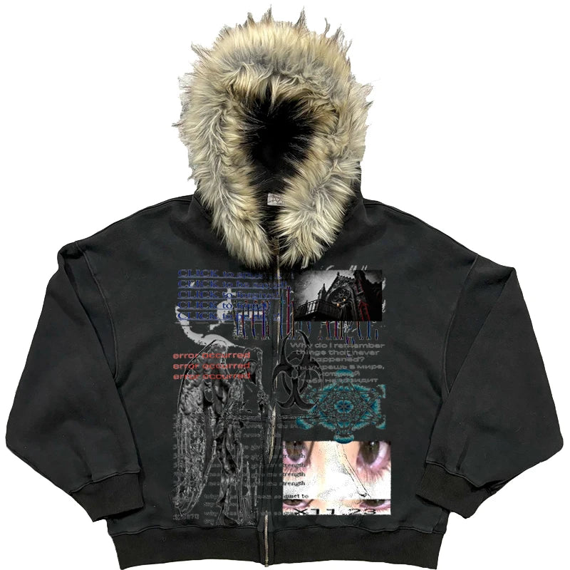 Y2k element horror parody plush thick warm fur collar hooded sweater lazy cardigan plush couple emo autumn and winter coat