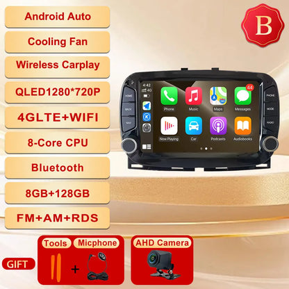 GPS Navigation Android 15 Auto Carplay 7" For FIAT 500 2016 - 2019 Stereo Multimedia Player 4G WIFI Bluetooth DSP 360 Camera