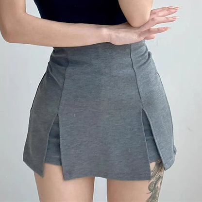 Women High Waist Front Slit Mini Skirt American Vintage All-match Package Hips Pleated Skirts Side Zipper With Shorts Underwear