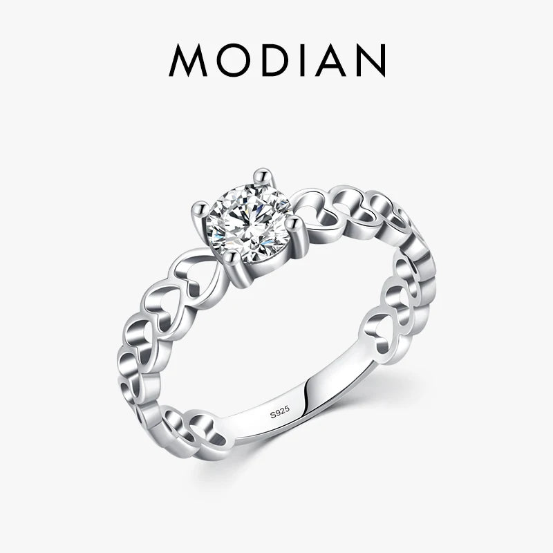Modian 925 Sterling Silver Romantic Hollow Hearts Promise Ring For Women Fine Jewelry Sparkling Round 5mm CZ Rings Fine Jewelry