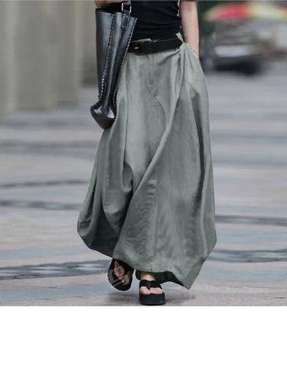Autumn Women's Vintage Simple Skirt Summer Fashion Loose Solid Cotton Linen High Waist Casual Beach A-line Maxi Skirts Female