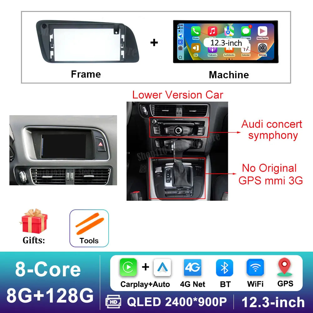 12.3 inch GPS Navigation Wireless Carplay Android 16 for Audi Q5 2009 - 2017 BT Car Multimedia Video Radio Player 4G Auto Tools