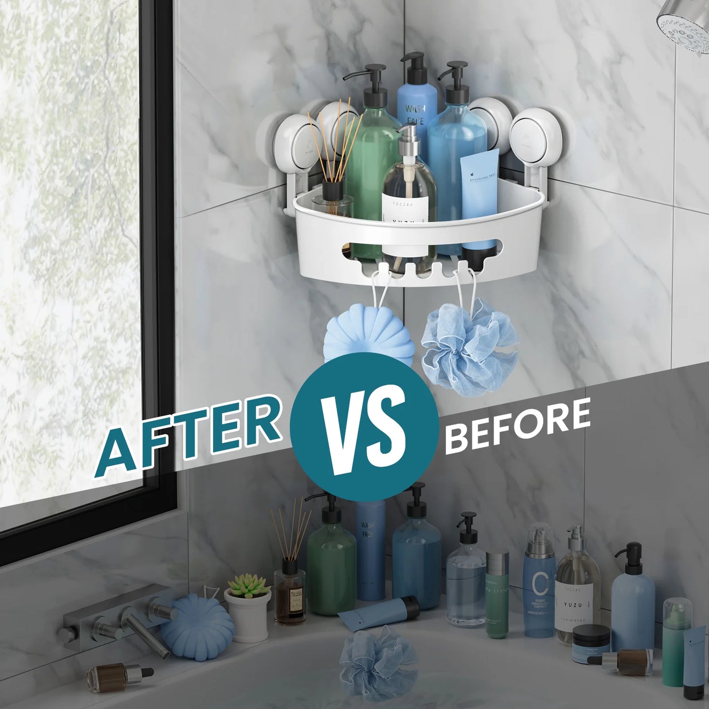 TAILI Corner Shower Caddy Suction Cup No-Drilling Removable Shower Caddy Basket Powerful Suction Bathroom Shower Shelf Organizer