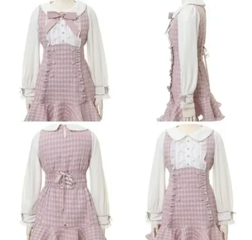 Liz Japanese Mine Mass-Produced Sweet Girl Double-breasted Dress Classic Style Bow Grid Slim Long Sleeve Tweed Dress for Women