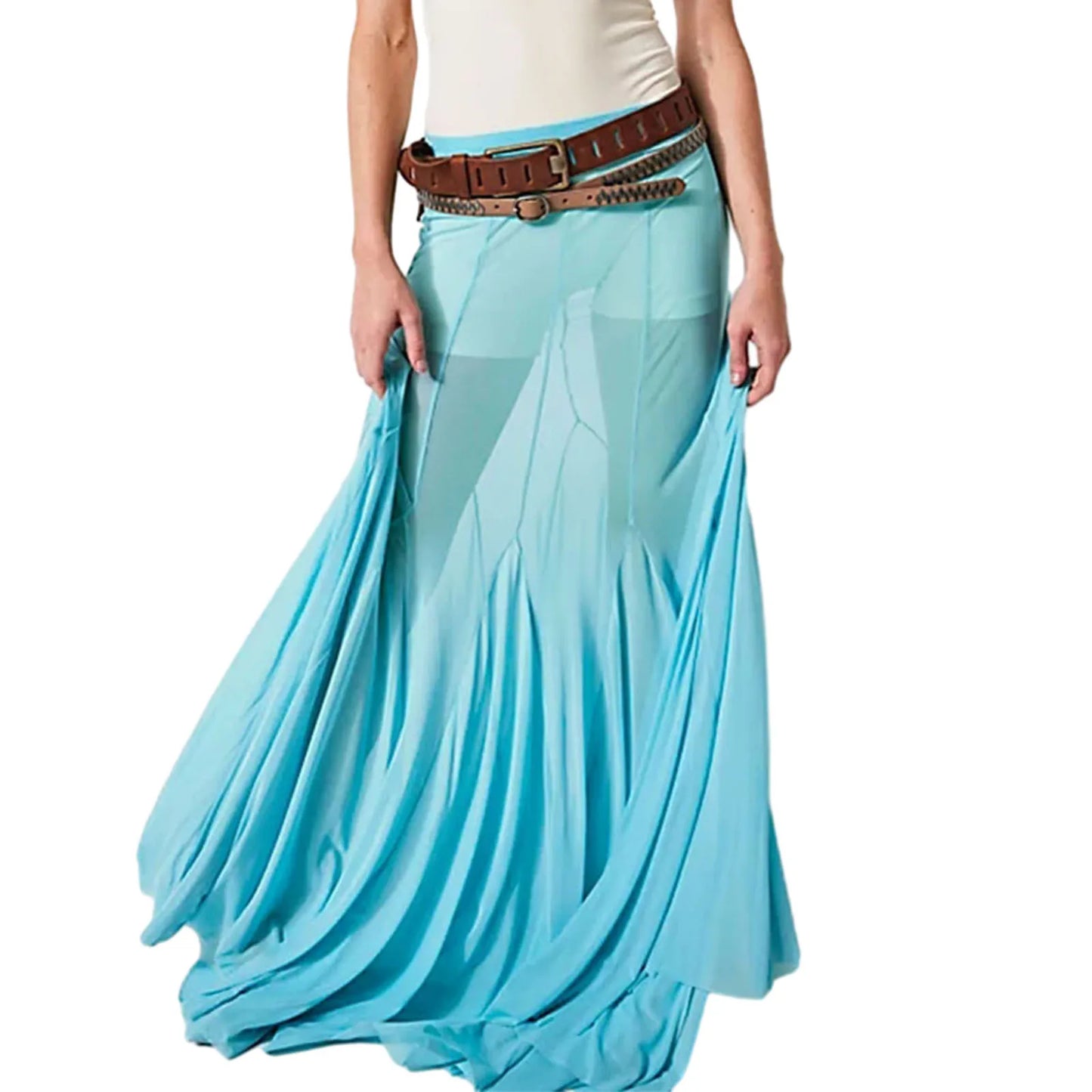 Sexy See Through Sheer Mesh Long Skirts Elastic High Waist Ruffle Hem Flowy Skirts Party A-line Midi Skirts Women Casual Clothes
