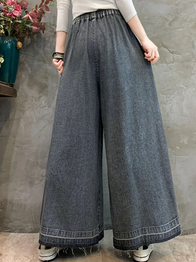 Amax luluE Fashion 2024 Loose Printed Vintage Denim Pants Women Spring Patchwork Jeans Ladies Classic Casual Wide Leg Trousers