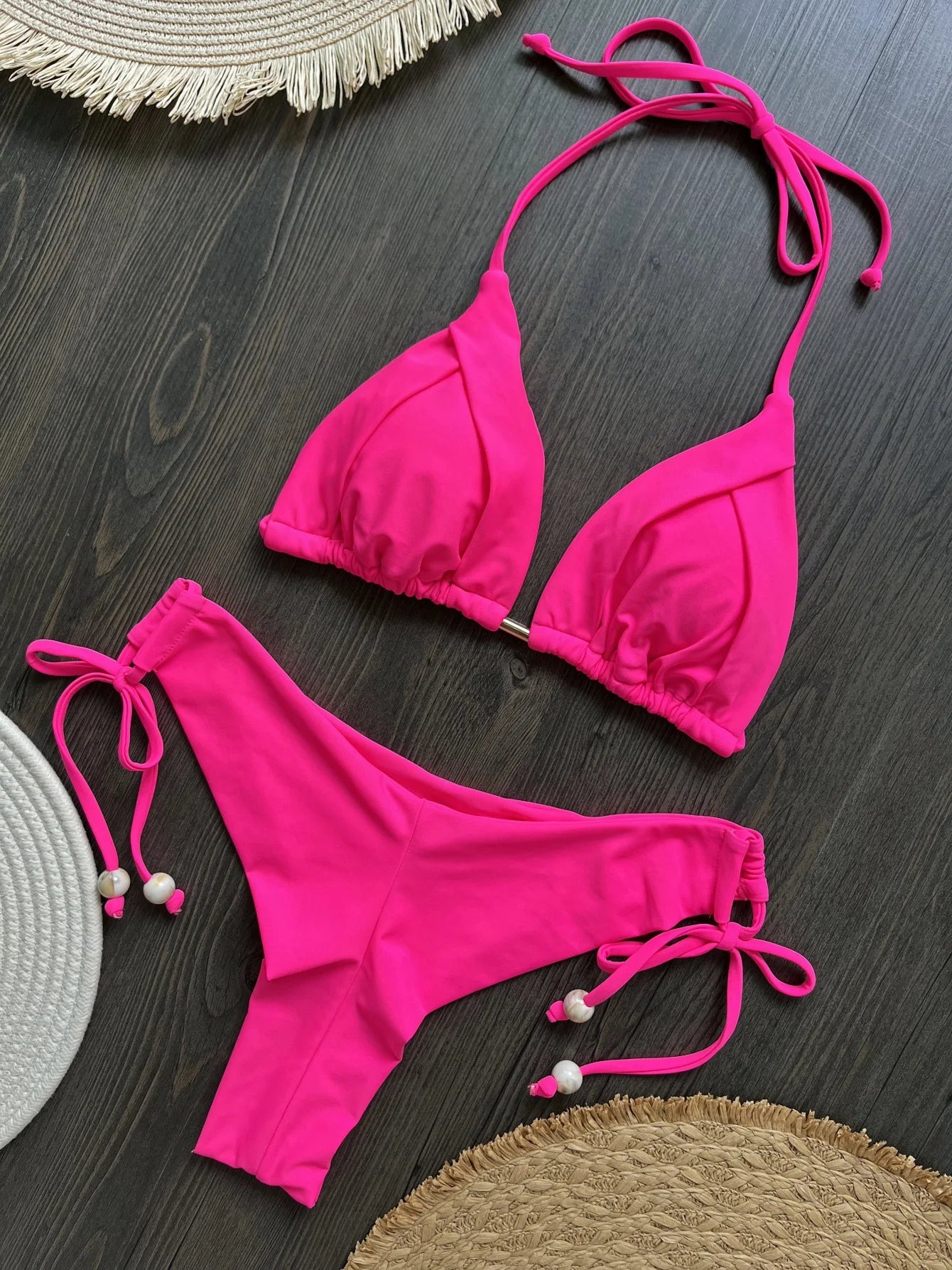 Sexy Halter Bandage Bikini Set Drawstring Beeds Patchwork Women Swimsuit Two-piece Triangle Thong Swimwear Bathing Suit Biquini