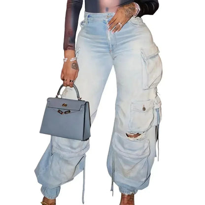 Washed Cargo Pants Women Hole Distressed Jeans Vintage Pockets Mid Waist Trousers 2024 Autumn Female Casual Denims Streetwear