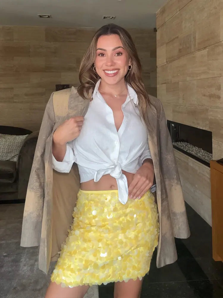 HH Women Fashion Yellow Sequin Mini Skirts Side Zipper High Waist A Line Skirt Summer Sexy Lady Elegant Club Party Skirts