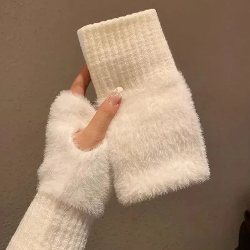 Women's Knitted Fingerless Gloves Touchscreen Thermal Plush Gloves for Autumn Winter Non-Slip Grip