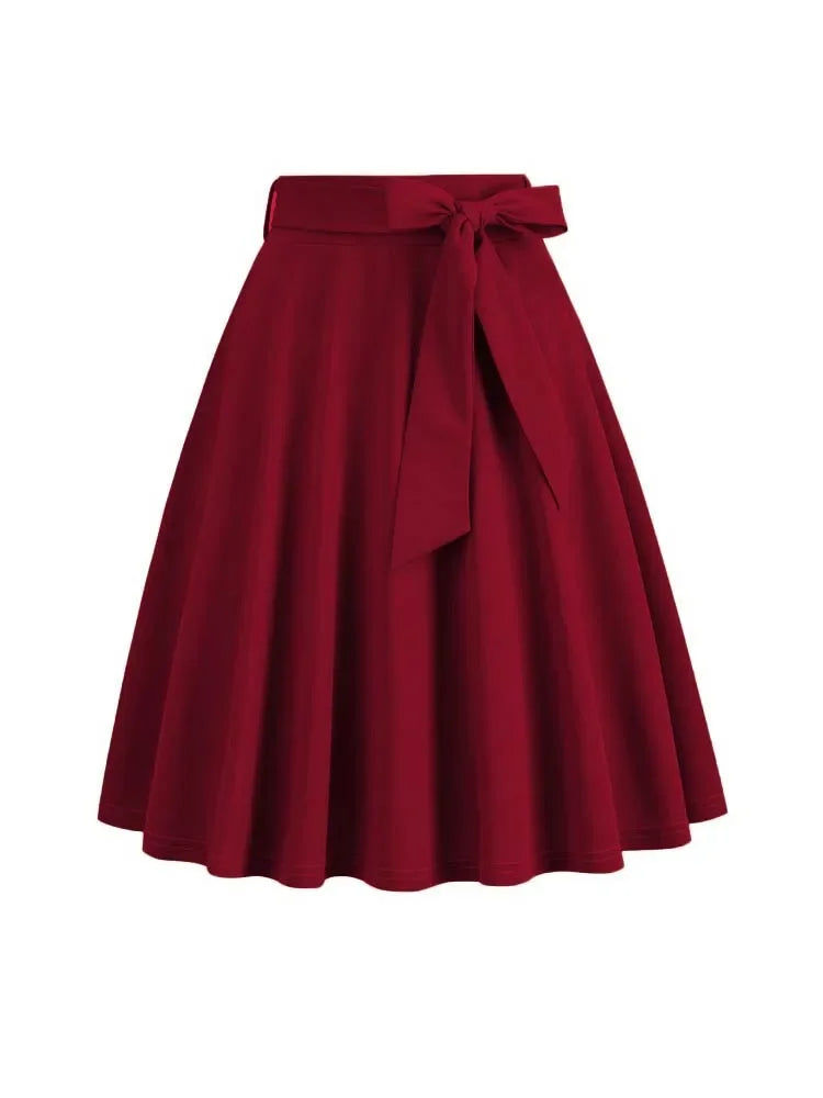 2025 Women Retro Vintage Midi Long Skirt Solid Elegant High Waist A Line Skater 50s Swing Skirts Ladies Workwear Falda Mujer