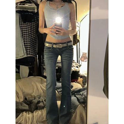 Vintage High Street Low-Waisted Jeans Women 2025 Summer All-Match Wide Leg Y2K Denim Trousers Female Sexy Slim Fit Flares Pants