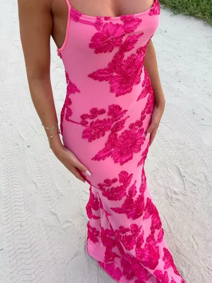 Rose Red Floral Embroidered Long Dress Women's Elegant Spaghetti Strap Off-shoulder Dresses Lady Summer New Vacation Beach Gowns