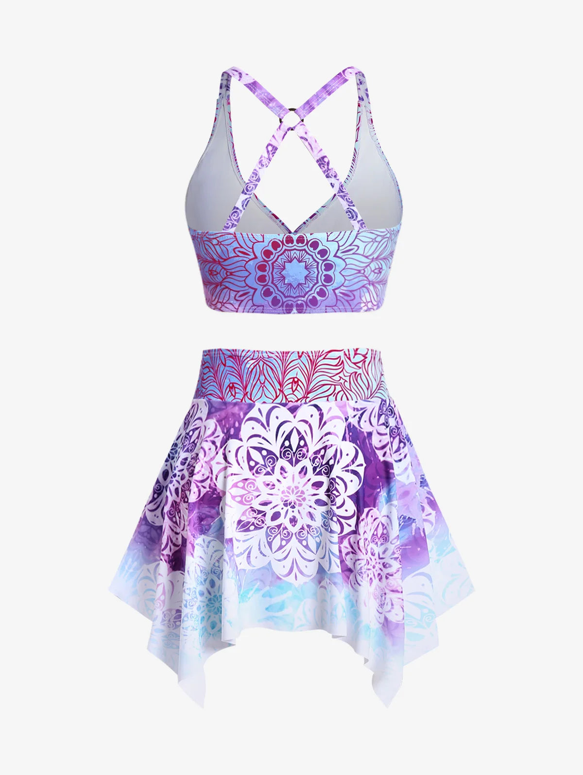 ROSEGAL Plus Size Women's Three-Piece Padded Tankini Swimsuit Stripe Colorblock Bikinis Set, Or Purple Ethnic Printed Swimwears