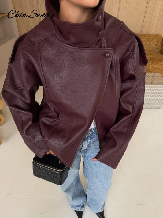 Vintage Stand Neck Leather Jacket Women Solid Motorcycle Style Asymmetry Elastic Hem Loose Cropped Jackets Lady New Outwear 2026