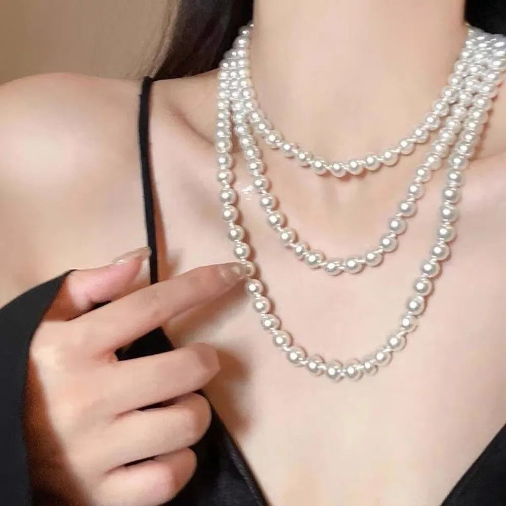 New Exquisite Imitation Pearl Necklaces Multilayer Vintage Long Necklaces Elegant Style Pearl Bead Women Fashion