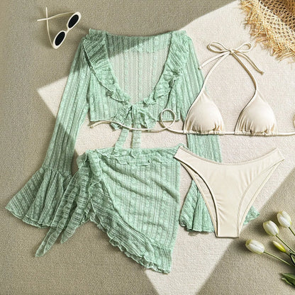 VigoCasey Sexy Solid 4 Piece Mesh Cove Up Bikini Set Swimwear Women 2025 Tied Halter Push Up Swimsuit Lady Beach Bathing Suit