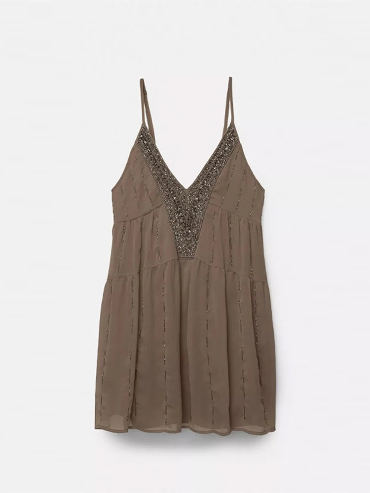 Sexy Backless Sequin Dress Women V-neck Sleeveless Loose Sling Female Mini Dresses 2025 Summer Chic Street Party Beach Lady Robe
