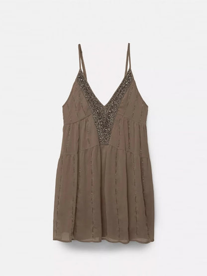 Sexy Backless Sequin Dress Women V-neck Sleeveless Loose Sling Female Mini Dresses 2025 Summer Chic Street Party Beach Lady Robe