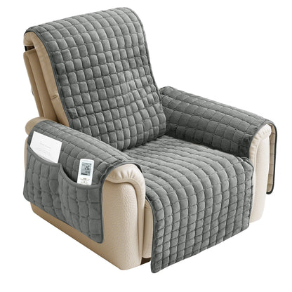 Quilted Recliner Sofa Cover Waterproof Armchairs Slipcovers Dogs Pets Kids Anti-Slip with Side Pockets Elastic Strap Protector
