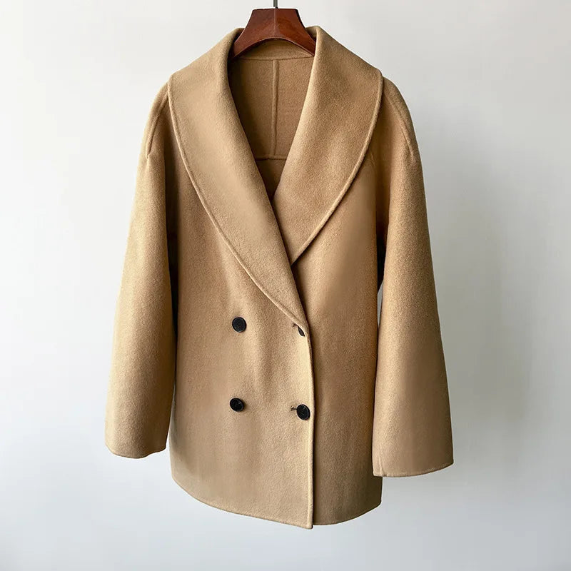 Naizaiga 90% WOOL 10% CASHMERE  Loose double-breasted tweed coat fall  winter classic wool blend black Women coat jacket  MPH1